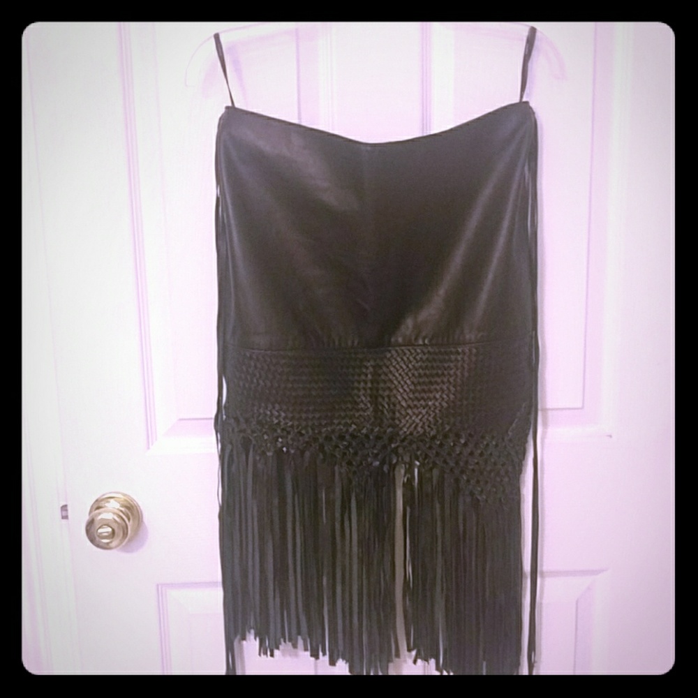 NWT black leather skirt with fringe